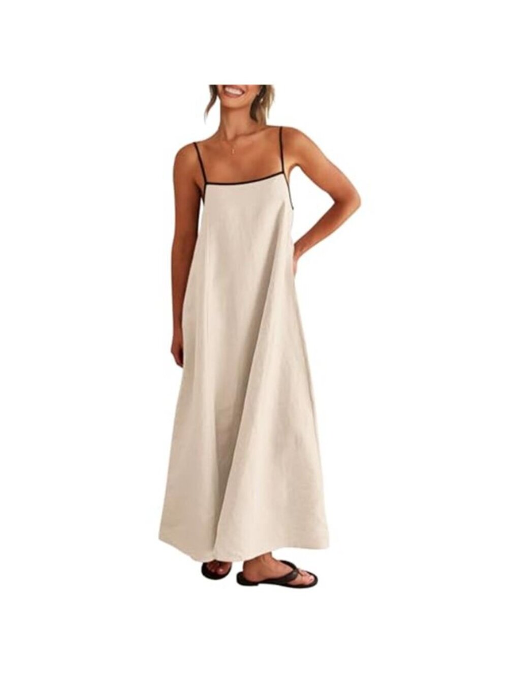 Shy Velvet Linen Blend Maxi Dress Beige Contrast Strap Backless Beach Dress